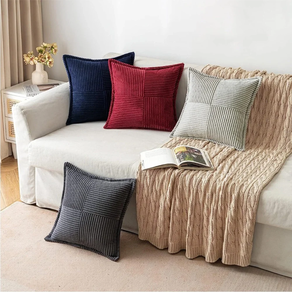 Navy Blue Nautical Corduroy Decorative Farmhouse Luxury Soft Pillow Cover Set